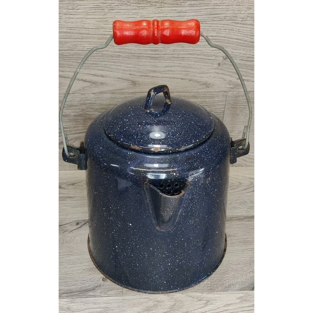 Large Vintage Enamelware Dark Blue-White Speckled Cowboy Coffee Kettle Pot
